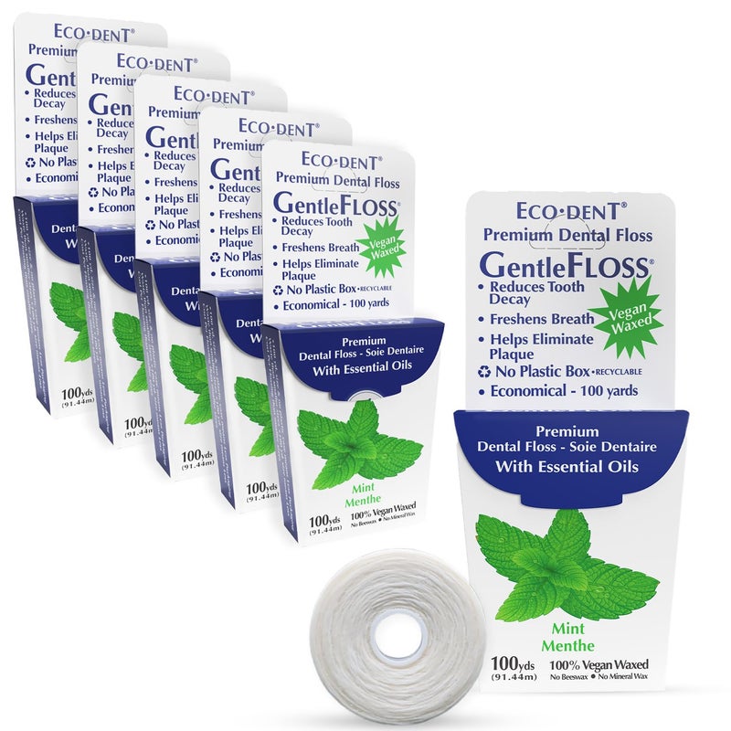 EcoDent GentleFloss Dental Floss Waxed Mint Floss with Vegan PlantBased Wax Recyclable Cardboard Packaging 100 Yds Ea Pack of 6